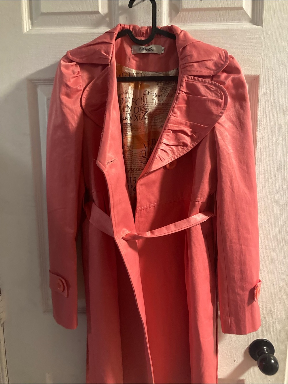 Abella Coral-Pink Ruffle Collar Trench Coat with Belt
